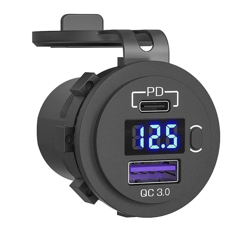 Bluejw Quick Charge 3.0 Dual USB Car Charger with AUX Port - 12-24V, USB-A & USB-C, Blue LED Monitor, Touch Switch - Automobile Charger for Cars & Motorcycles - Image 2